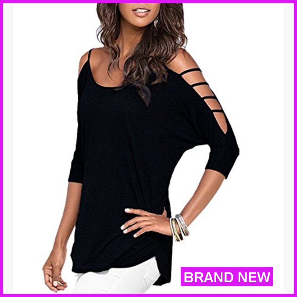 Cold Shoulder Tunic Top 3/4 Sleeve Sexy Going Out Casual Loose Fit - Picture 3 of 5